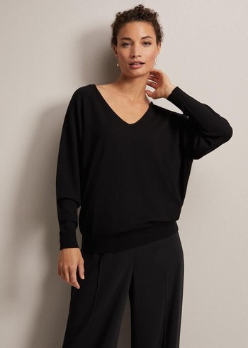 Phase Eight Senita Fine V-Neck Knitwear Black USA | 5317806-LF